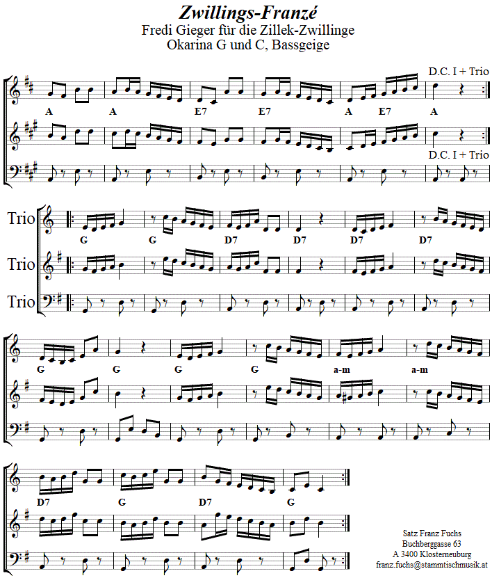 Zwillings-Franz in zweistimmigen Noten fr Okarina, Seite 2. 
Bitte klicken, um die Melodie zu hren.