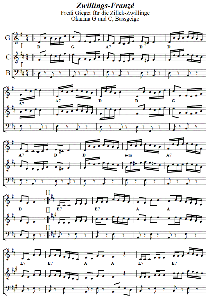 Zwillings-Franz in zweistimmigen Noten fr Okarina, Seite 1. 
Bitte klicken, um die Melodie zu hren.