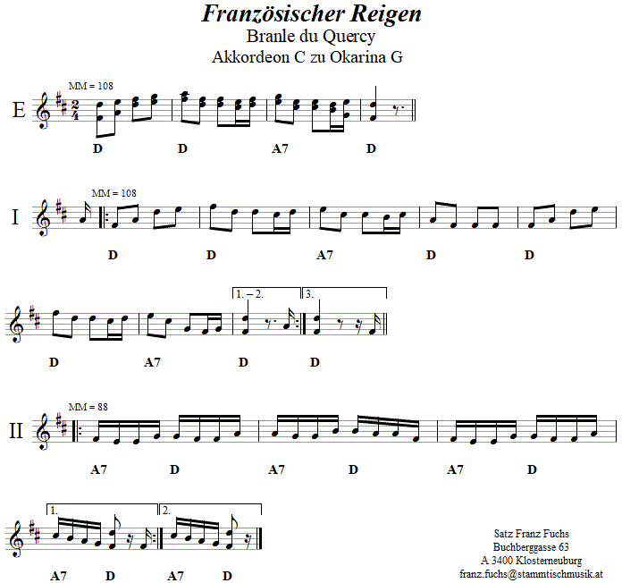 Franzsischer Reigen (Branle du Quercy), Begleitstimme fr Akkordeon zur Okarina. 
Bitte klicken, um die Melodie zu hren.