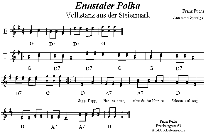 beide Stimmen zur Ennstaler Polka (zweistimmig).
Bitte klicken, dann erklingen die Noten.