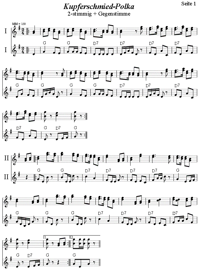 Kupferschmiedpolka, Seite 1, 
in zweistimmigen Noten mit Gegenstimme. 
Bitte klicken, um die Melodie zu hören.