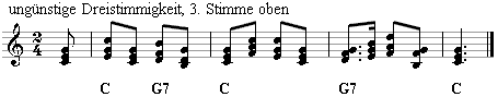 ungünstige Dreistimmigkeit (3. Stimme oben), die Hauptstimme wird kaum mehr gehört.
Bitte klicken, dann erklingen die Noten.