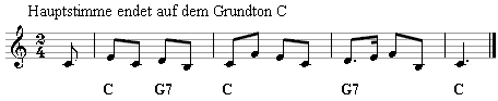 Hauptstimme einstimmig, in der unteren Oktave, endet auf dem Grundton der C-Dur, das ist das C.
Bitte klicken, dann erklingen die Noten.
