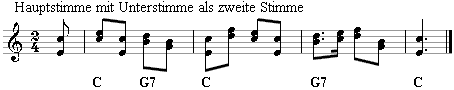 zweistimmig mit Unterstimme, Hauptstimme oben, Unterstimme (2. Stimme) darunter.
Bitte klicken, dann erklingen die Noten.