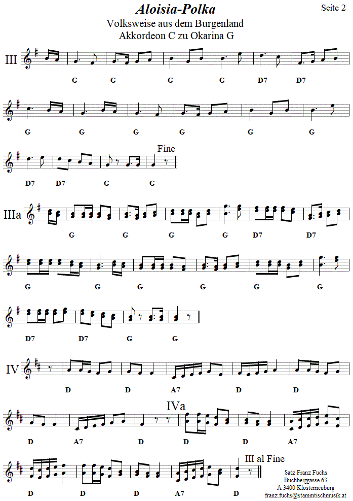 Aloisia-Polka, Begleitstimme für Akkordeon zur Okarina, Seite 2. 
Bitte klicken, um die Melodie zu hören.