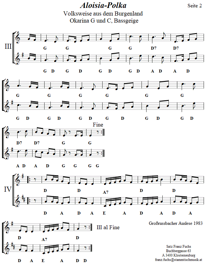 Aloisia-Polka in zweistimmigen Noten für Okarina, Seite 2. 
Bitte klicken, um die Melodie zu hören.