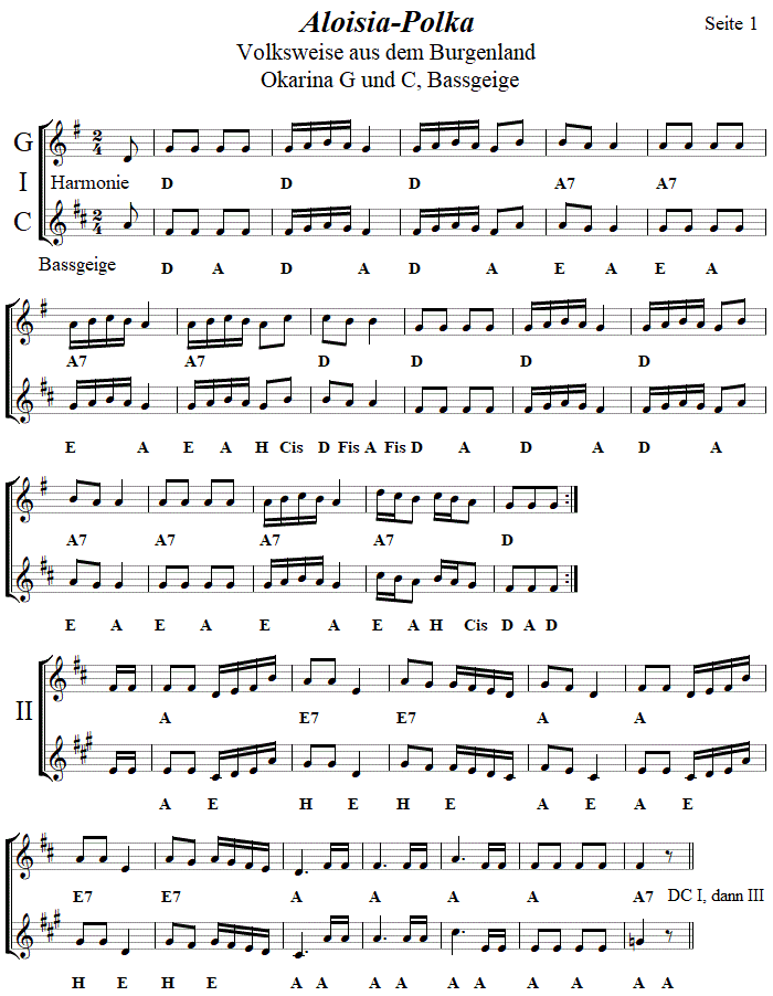 Aloisia-Polka in zweistimmigen Noten für Okarina, Seite 1. 
Bitte klicken, um die Melodie zu hören.