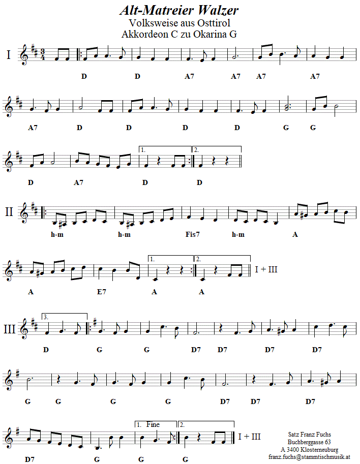 Alt-Matreier Walzer, Begleitstimme für Akkordeon zur Okarina, Seite 1. 
Bitte klicken, um die Melodie zu hören.