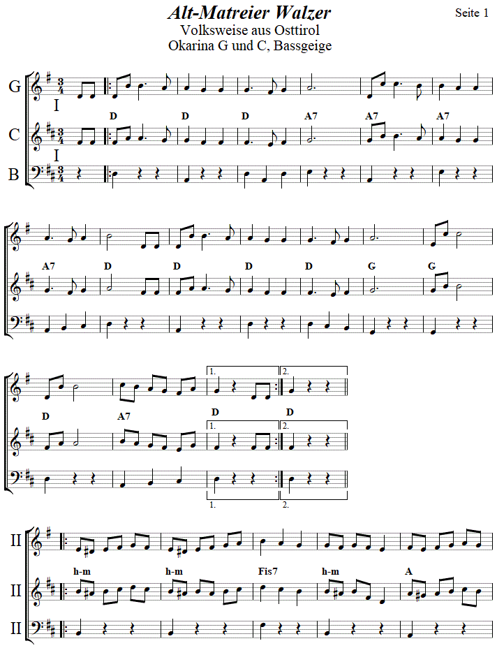 Alt-Matreier Walzer in zweistimmigen Noten für Okarina, Seite 1. 
Bitte klicken, um die Melodie zu hören.