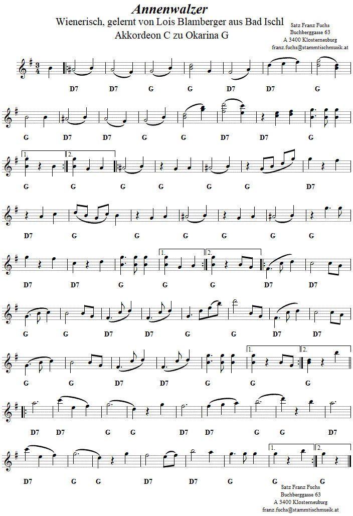 Annenwalzer, Begleitstimme für Akkordeon zur Okarina, Seite 1. 
Bitte klicken, um die Melodie zu hören.