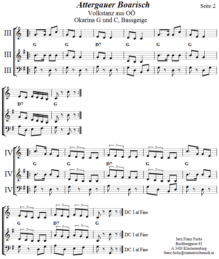 Attergauer Boarisch in zweistimmigen Noten fr Okarina, Seite 2. 
Bitte klicken, um die Melodie zu hren.