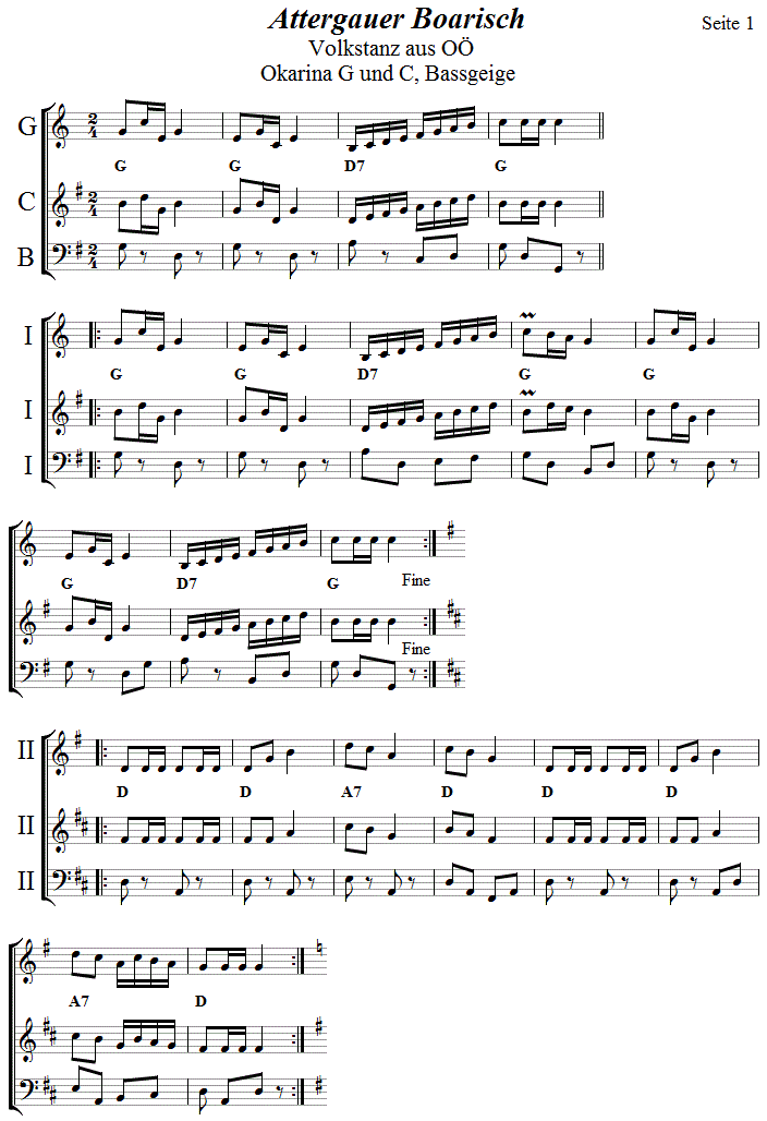 Attergauer Boarisch in zweistimmigen Noten fr Okarina, Seite 1. 
Bitte klicken, um die Melodie zu hren.