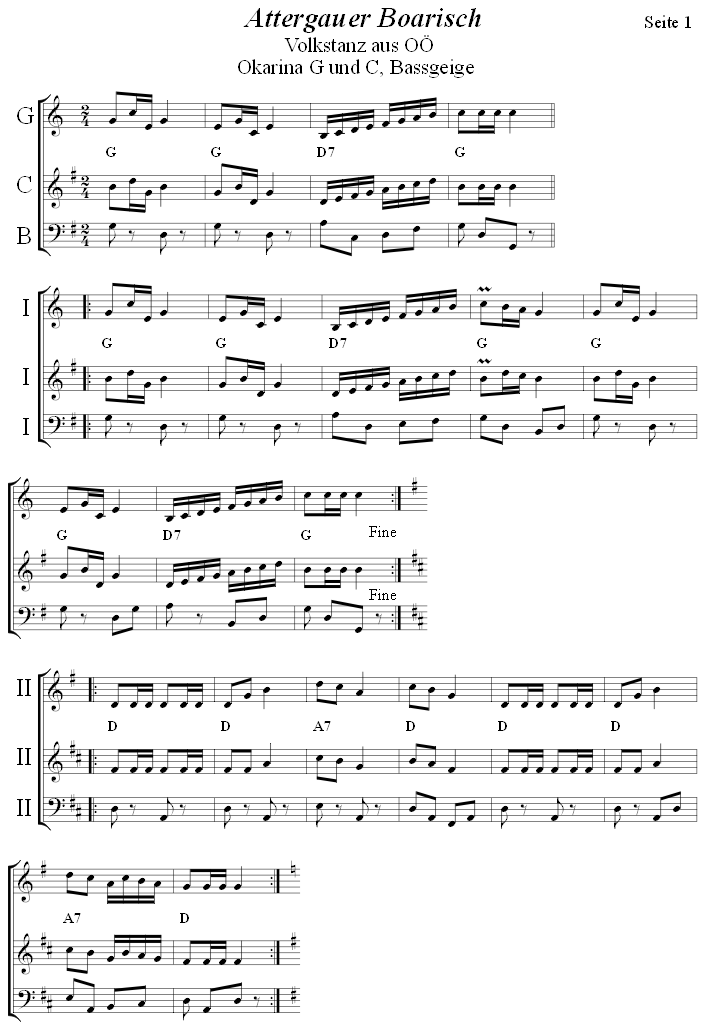 Attergauer Boarisch in zweistimmigen Noten für Okarina, Seite 1. 
Bitte klicken, um die Melodie zu hören.