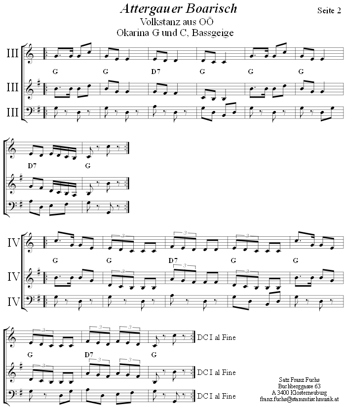 Attergauer Boarisch in zweistimmigen Noten für Okarina, Seite 2. 
Bitte klicken, um die Melodie zu hören.