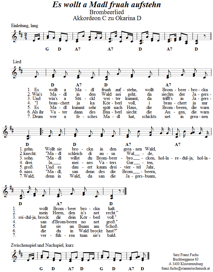 Es wollt a Madl fruah aufstehn (Brombeerlied) Begleitstimme fr Akkordeon zur Okarina. 
Bitte klicken, um die Melodie zu hren.