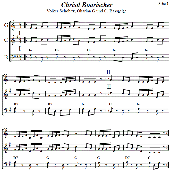 Christl Boarischer von Volker Schbitz, Seite 1,  in zweistimmigen Noten fr Okarina, Seite 1. 
Bitte klicken, um die Melodie zu hren.