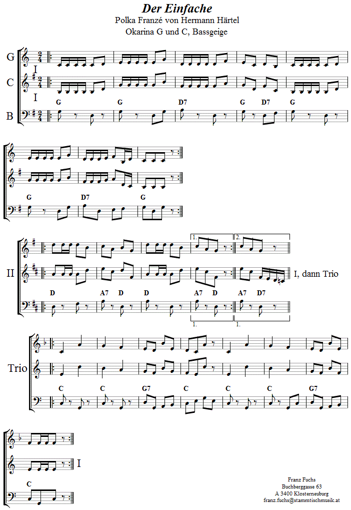 Der Einfache von Hermann Härtel in zweistimmigen Noten für Okarina, Seite 1. 
Bitte klicken, um die Melodie zu hören.