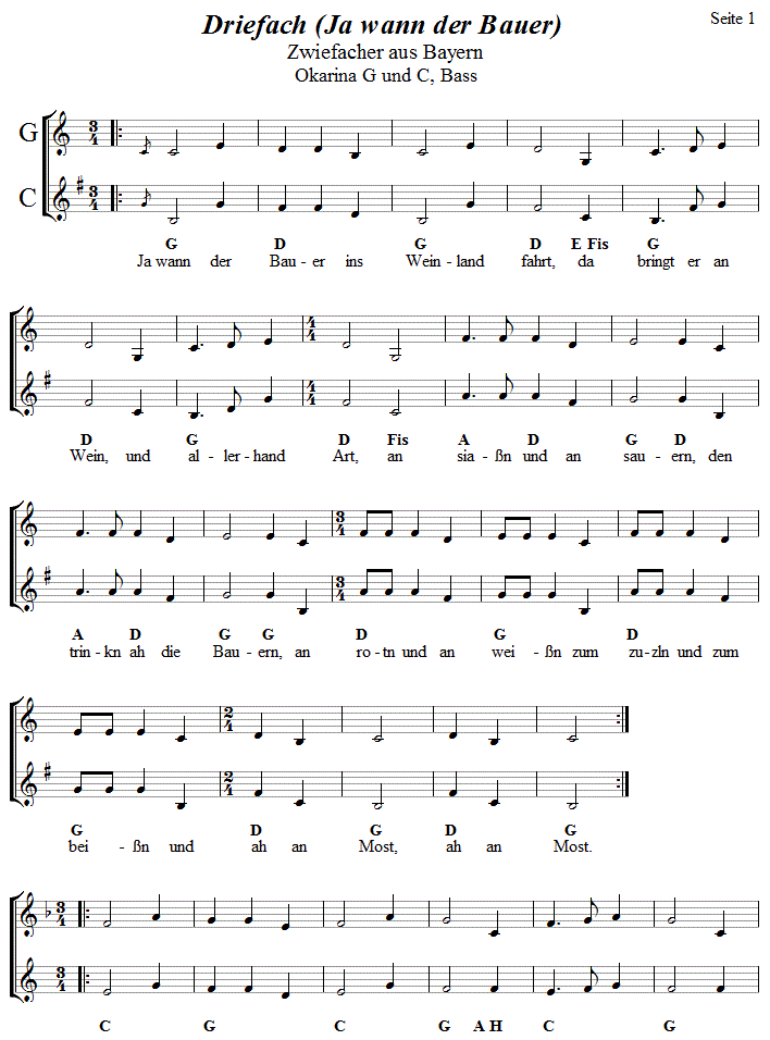 Driefach Zwiefacher Seite 1 in zweistimmigen Noten für Okarina. 
Bitte klicken, um die Melodie zu hören.