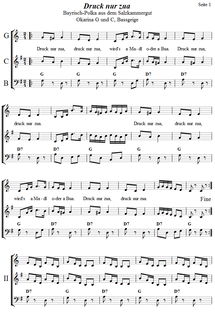 Druck nua zua Boarischer in zweistimmigen Noten für Okarina, Seite 1. 
Bitte klicken, um die Melodie zu hören.