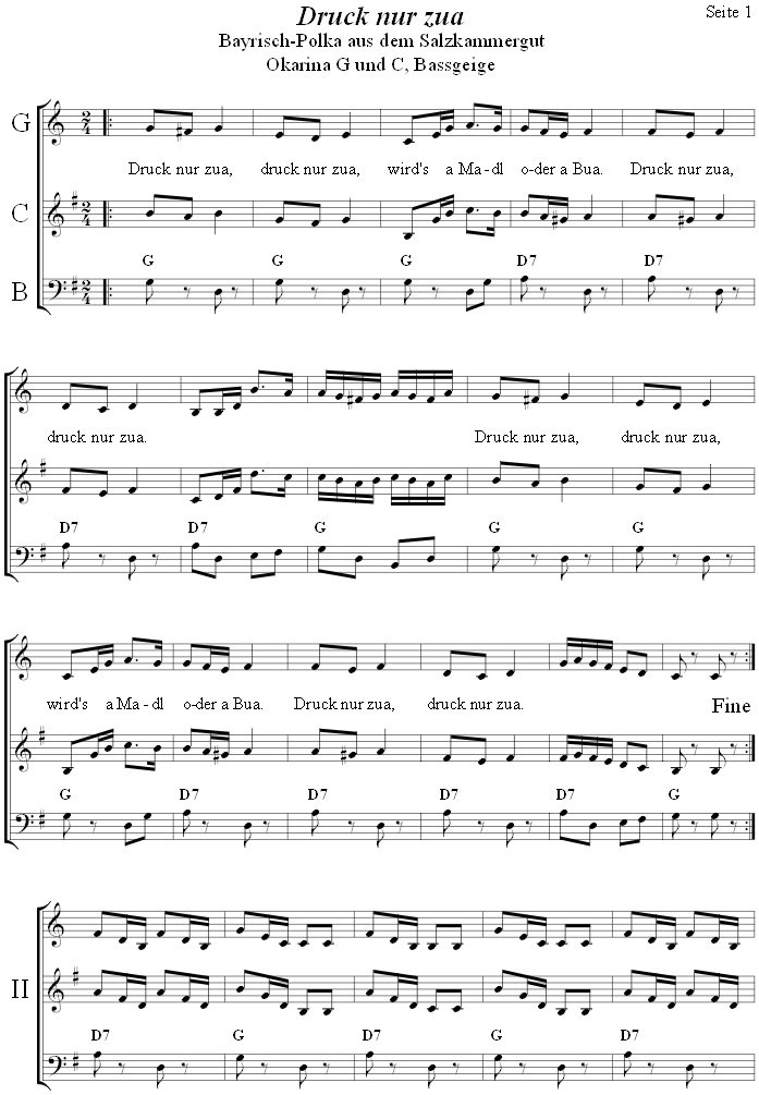 Druck nua zua Boarischer in zweistimmigen Noten fr Okarina, Seite 1. 
Bitte klicken, um die Melodie zu hren.