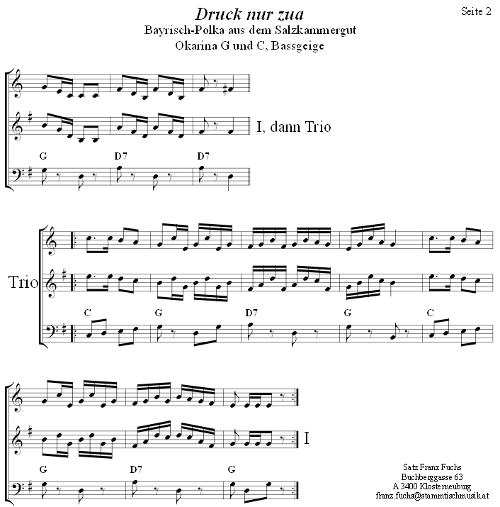 Druck nua zua Boarischer in zweistimmigen Noten fr Okarina, Seite 2. 
Bitte klicken, um die Melodie zu hren.