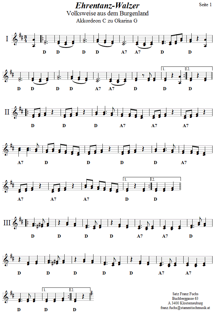 Ehrentanzwalzer, Begleitstimme für Akkordeon zur Okarina, Seite 1. 
Bitte klicken, um die Melodie zu hören.