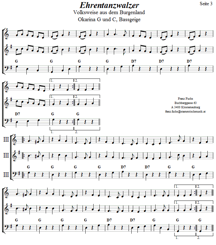 Ehrentanzwalzer in zweistimmigen Noten für Okarina, Seite 3. 
Bitte klicken, um die Melodie zu hören.