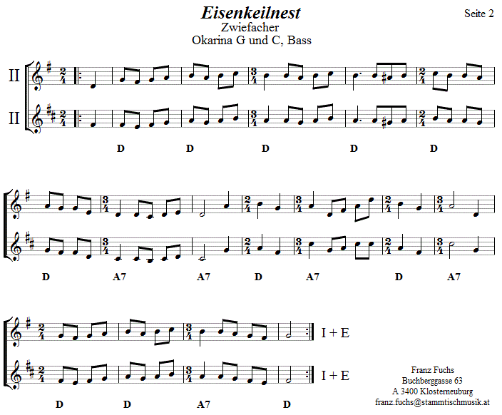 Eisenkeilnest Zwiefacher, Seite 2 in zweistimmigen Noten für Okarina. 
Bitte klicken, um die Melodie zu hören.