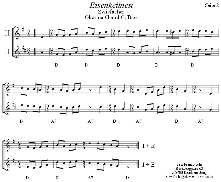 Eisenkeilnest Zwiefacher, Seite 2 in zweistimmigen Noten fr Okarina. 
Bitte klicken, um die Melodie zu hren.