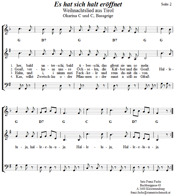 Es hat sich halt eröffnet, Krippenlied in zweistimmigen Noten für Okarina, Seite 2. 
Bitte klicken, um die Melodie zu hören.