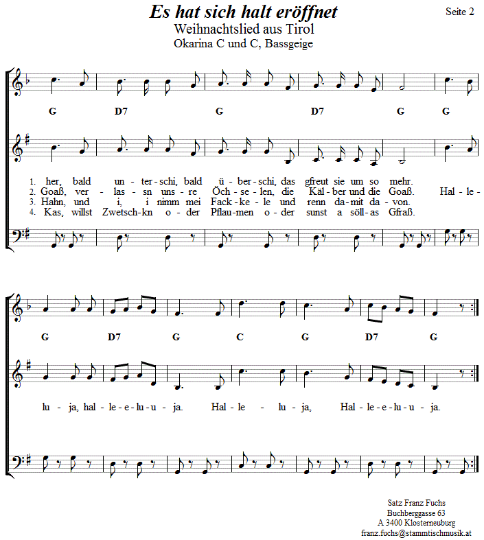 Es hat sich halt erffnet, Krippenlied in zweistimmigen Noten fr Okarina, Seite 2. 
Bitte klicken, um die Melodie zu hren.