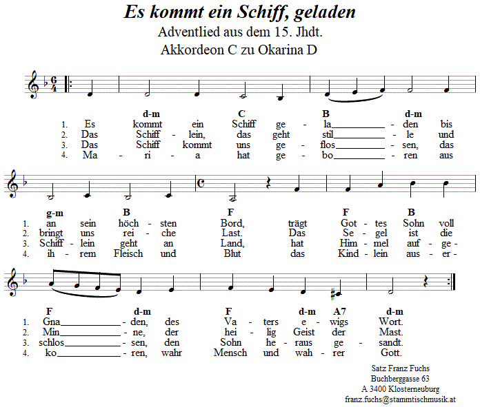 Es kommt ein Schiff geladen, Begleitstimme fr Akkordeon zur Okarina. 
Bitte klicken, um die Melodie zu hren.