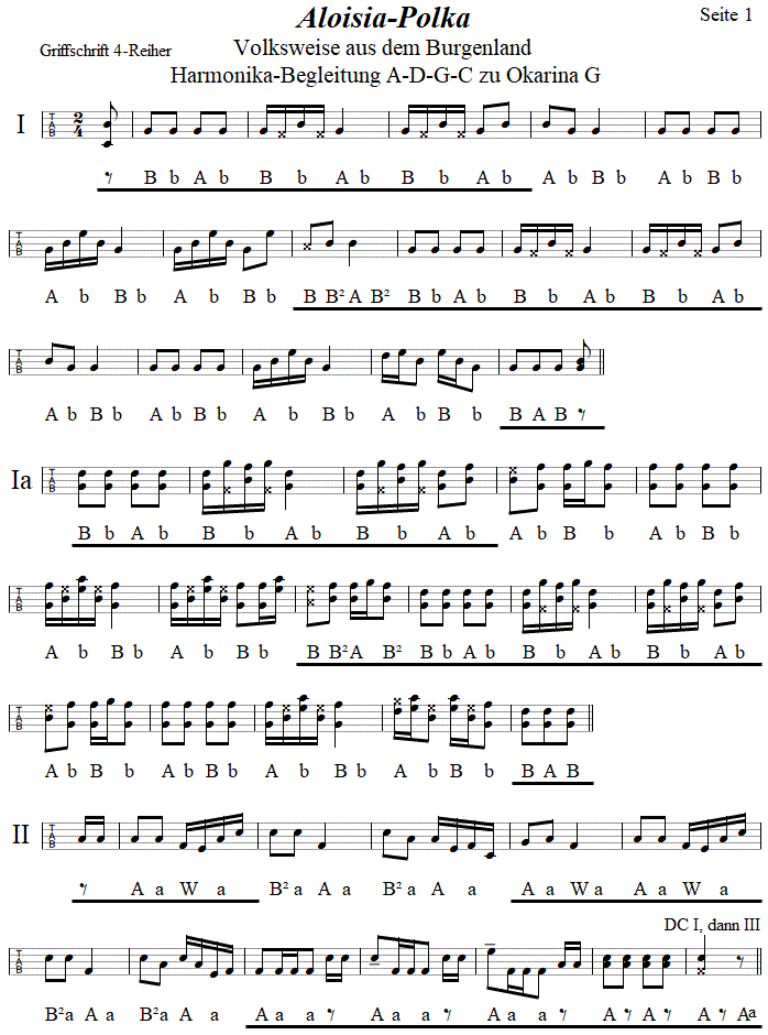 Aloisia-Polka, Begleitstimme für Steirische Harmonika zur Okarina, Seite 1. 
Bitte klicken, um die Melodie zu hören.