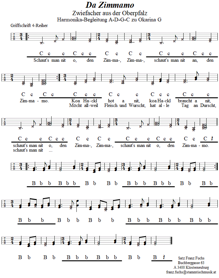 Da Zimmamo Zwiefacher, Begleitstimme fr Steirische Harmonika zur Okarina. 
Bitte klicken, um die Melodie zu hren.