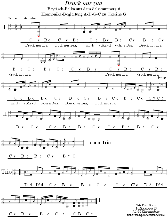 Druck nua zua Boarischer, Begleitstimme fr Steirische Harmonika zur Okarina. 
Bitte klicken, um die Melodie zu hren.
