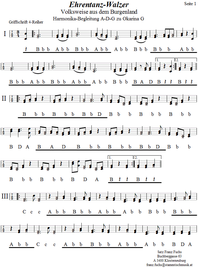 Ehrentanzwalzer, Begleitstimme für Steirische Harmonika zur Okarina, Seite 1. 
Bitte klicken, um die Melodie zu hören.