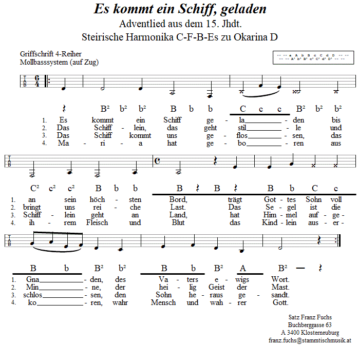 Es wollt a Madl fruah aufstehn (Brombeerlied) Begleitstimme für Steirische Harmonika zur Okarina. 
Bitte klicken, um die Melodie zu hören.