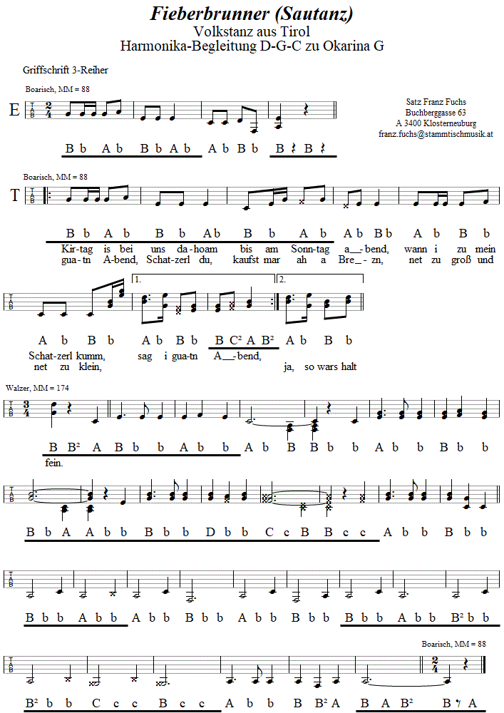 Fieberbrunner (Sautanz), Begleitstimme für Steirische Harmonika zur Okarina. 
Bitte klicken, um die Melodie zu hören.
