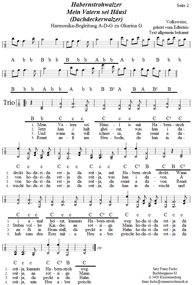 Hbernstrohwalzer, Begleitstimme fr Steirische Harmonika zur Okarina, Seite 2. 
Bitte klicken, um die Melodie zu hren.