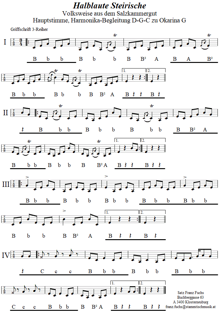 Halblaute Steirische, Begleitstimme für Steirische Harmonika zur Okarina. 
Bitte klicken, um die Melodie zu hören.