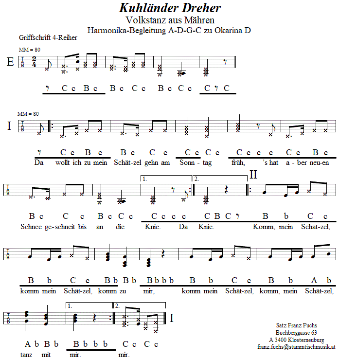 Kuhlnder Dreher Begleitstimme fr Steirische Harmonika zur Okarina. 
Bitte klicken, um die Melodie zu hren.