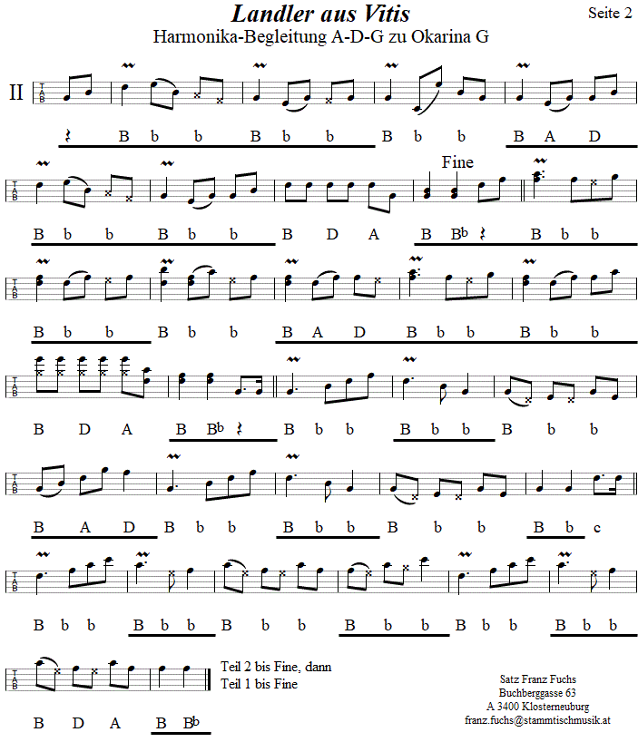 Landler aus Vitis, Begleitstimme für Steirische Harmonika zur Okarina, Seite 2. 
Bitte klicken, um die Melodie zu hören.