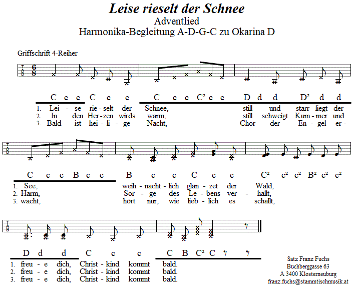 Leise rieselt der Schnee, Krippenlied, Begleitstimme fr Steirische Harmonika zur Okarina. 
Bitte klicken, um die Melodie zu hren.