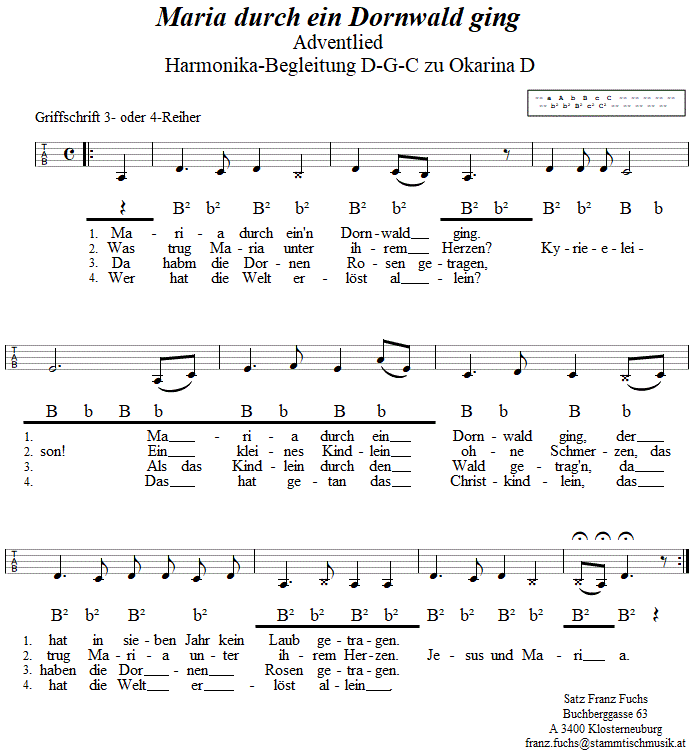 Maria durch ein Dornwald ging, Adventlied, Begleitstimme fr Steirische Harmonika zur Okarina. 
Bitte klicken, um die Melodie zu hren.