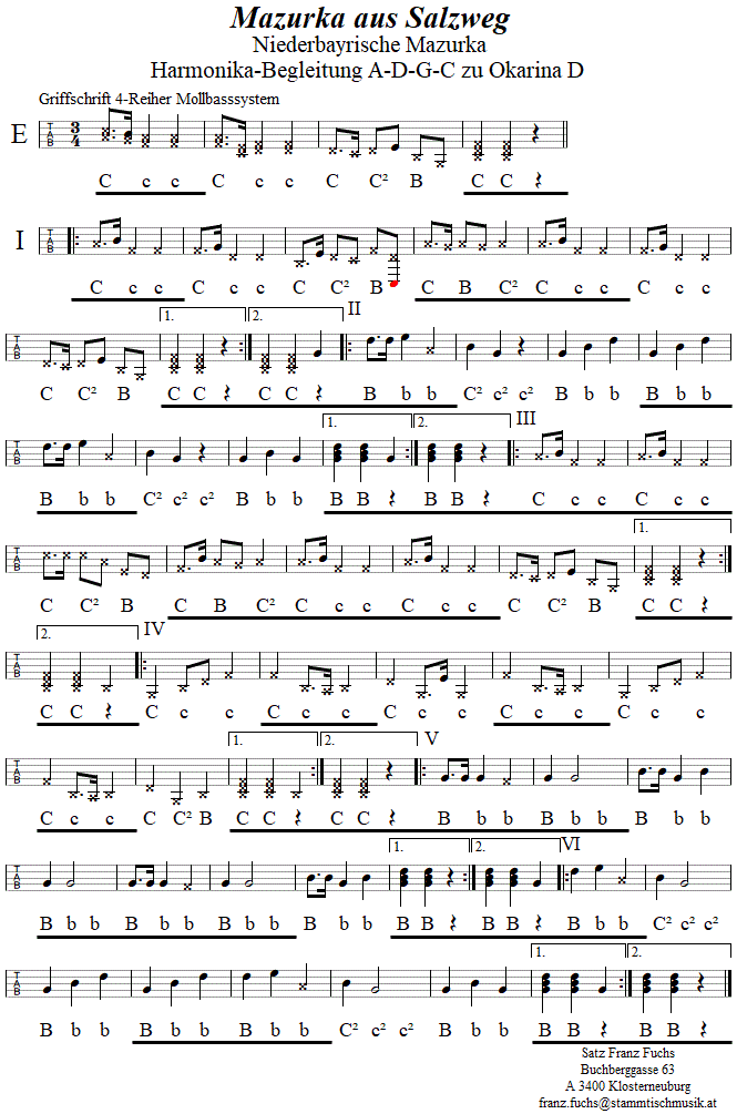 Mazurka aus Salzweg, Seite 1, Begleitstimme für Steirische Harmonika zur Okarina, Seite 1. 
Bitte klicken, um die Melodie zu hören.