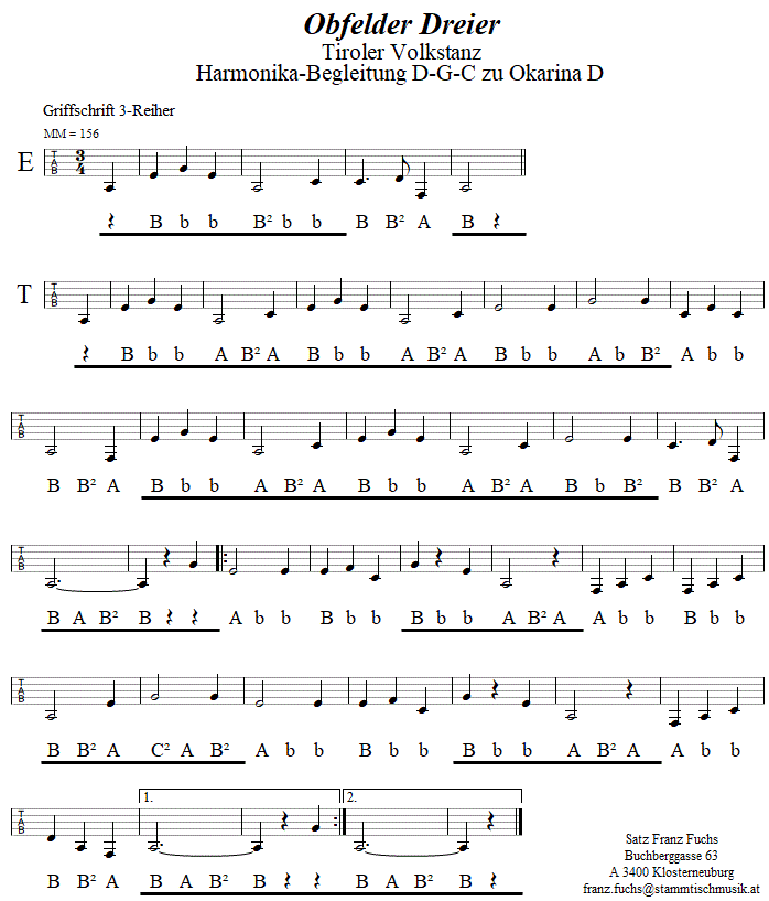 Obfelder Dreier, Begleitstimme fr Steirische Harmonika zur Okarina. 
Bitte klicken, um die Melodie zu hren.