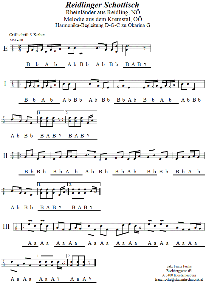 Reidlinger Schottisch Begleitstimme fr Steirische Harmonika zur Okarina. 
Bitte klicken, um die Melodie zu hren.