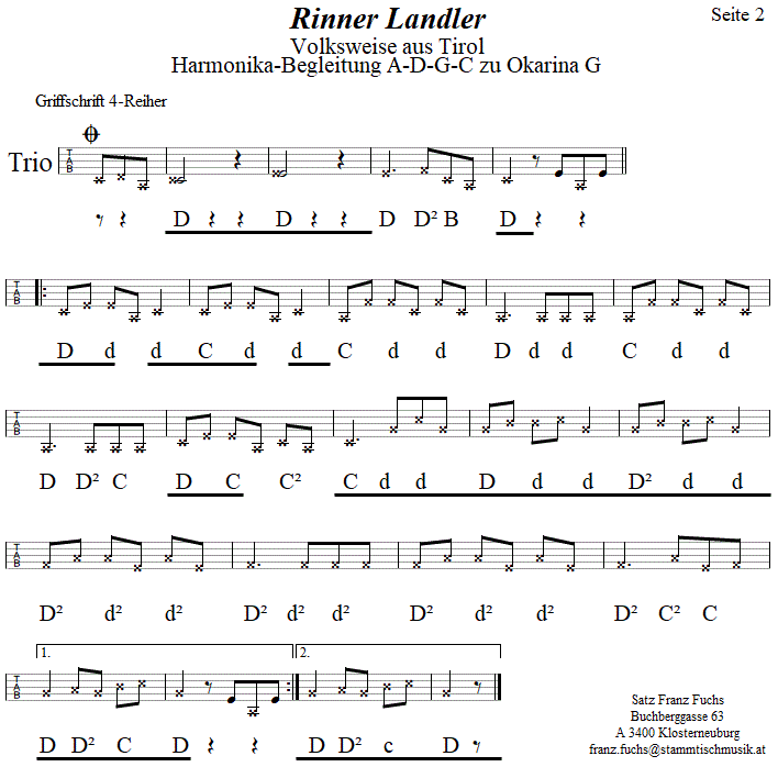 Rinner Landler, Begleitstimme fr Steirische Harmonika zur Okarina, Seite 2. 
Bitte klicken, um die Melodie zu hren.