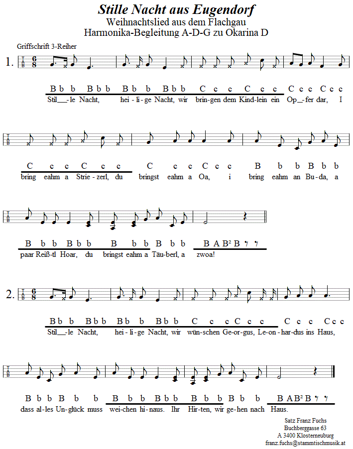 Stille Nacht aus Eugendorf, Weihnachtslied, Begleitstimme fr Steirische Harmonika zur Okarina. 
Bitte klicken, um die Melodie zu hren.