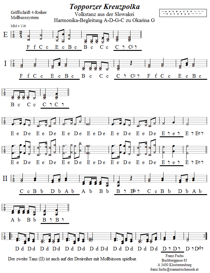 Toporzer Kreuzpolka,t Begleitstimme für Steirische Harmonika zur Okarina. 
Bitte klicken, um die Melodie zu hören.